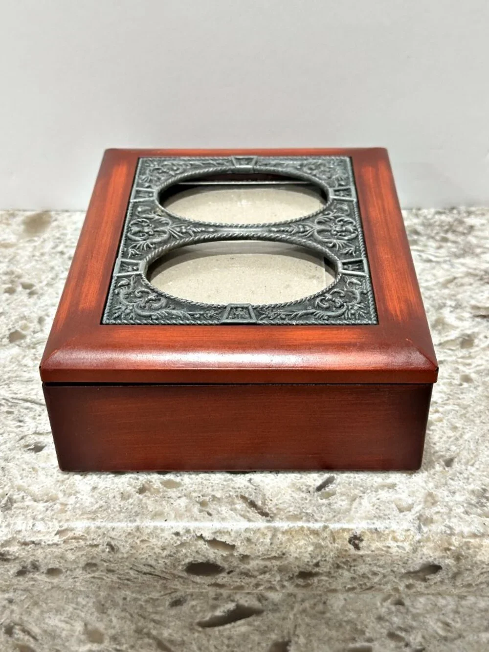 Wood Jewelry Keepsake Box with Ornate Pewter Double Oval Photo Frame Lid Vintage